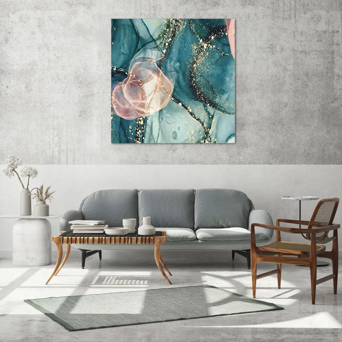 Obraz na skle - Modré hedvábí modré, růžový tyl - 70x70 cm