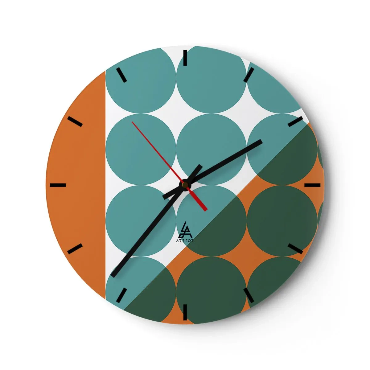 Nástěnné hodiny - Geometrické kruhy v odstínech zelené a oranžové - 30x30cm - Nahoru a šikmo - Moderní nástěnná dekorace do obývacího pokoje, kuchyně a ložnice ARTTOR
