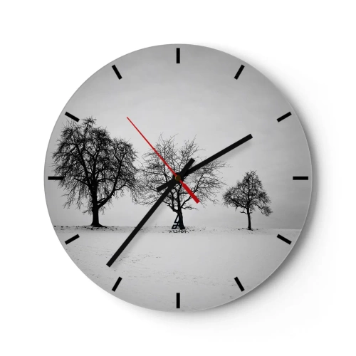 Nástěnné hodiny - Tři osamělé stromy v zasněženém poli v černé a bílé. - 30x30cm - O čem sní? - Moderní nástěnná dekorace do obývacího pokoje, kuchyně a ložnice ARTTOR
