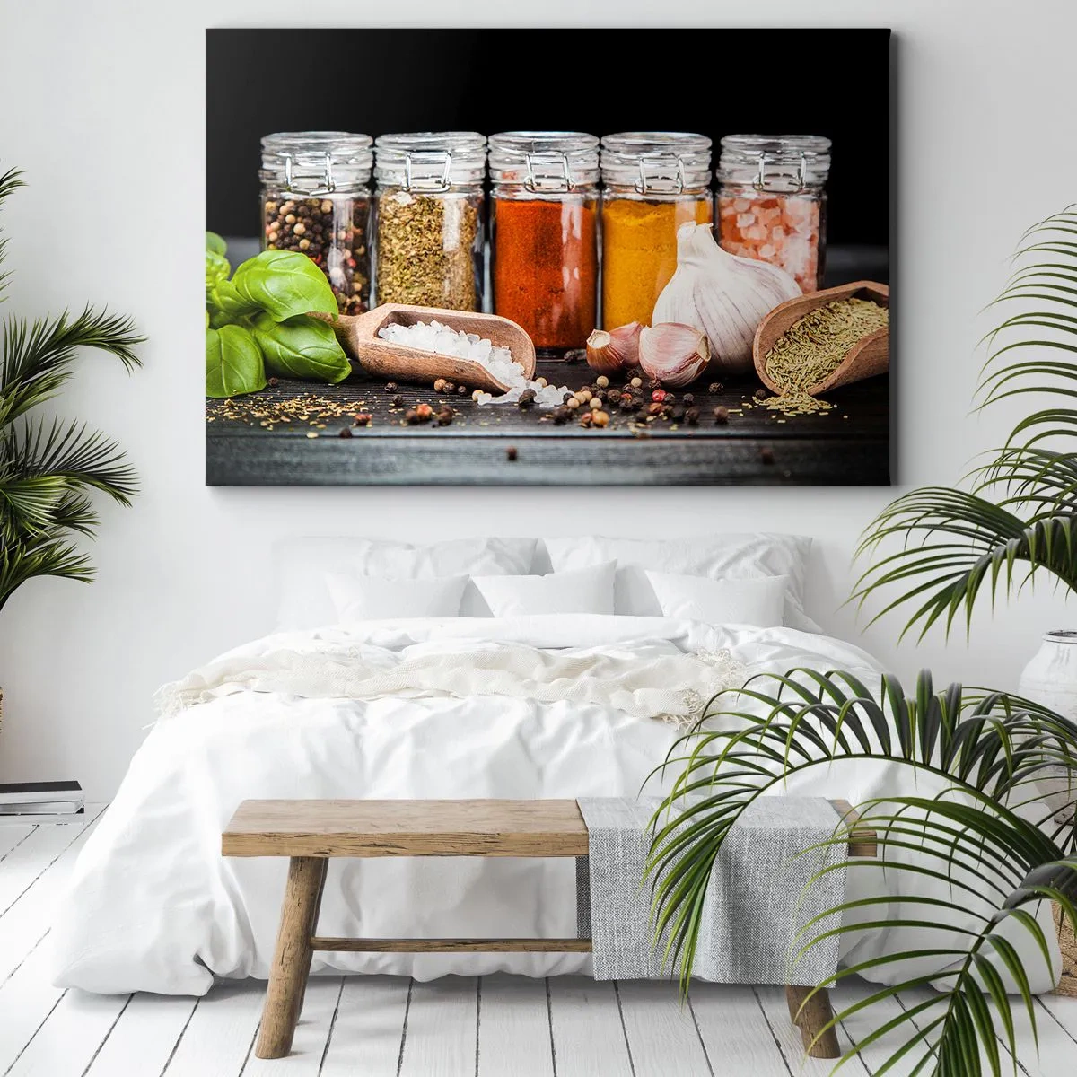 Obraz na plátně - Bylinky a koření ve skleněných nádobách na tmavém pozadí - 70x50cm - Aby měl život chuť - Moderní nástěnná dekorace do obývacího pokoje a ložnice ARTTOR