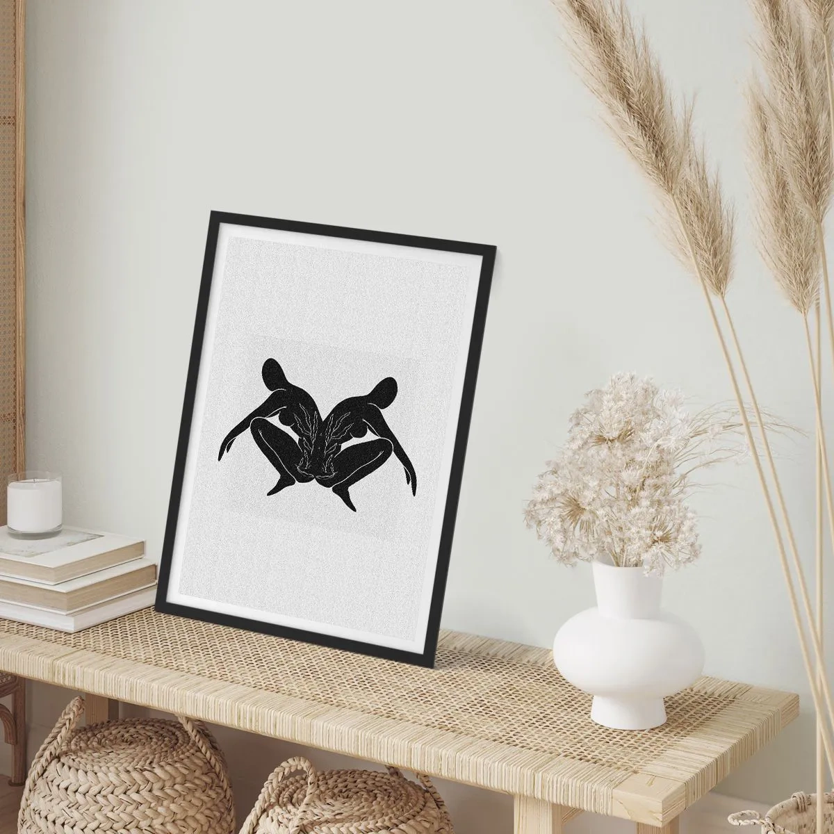 Plakát v černém rámu - Černé siluety postav v symetrické kompozici - 50x70cm - Společná duše - Moderní nástěnná dekorace do obývacího pokoje a ložnice ARTTOR