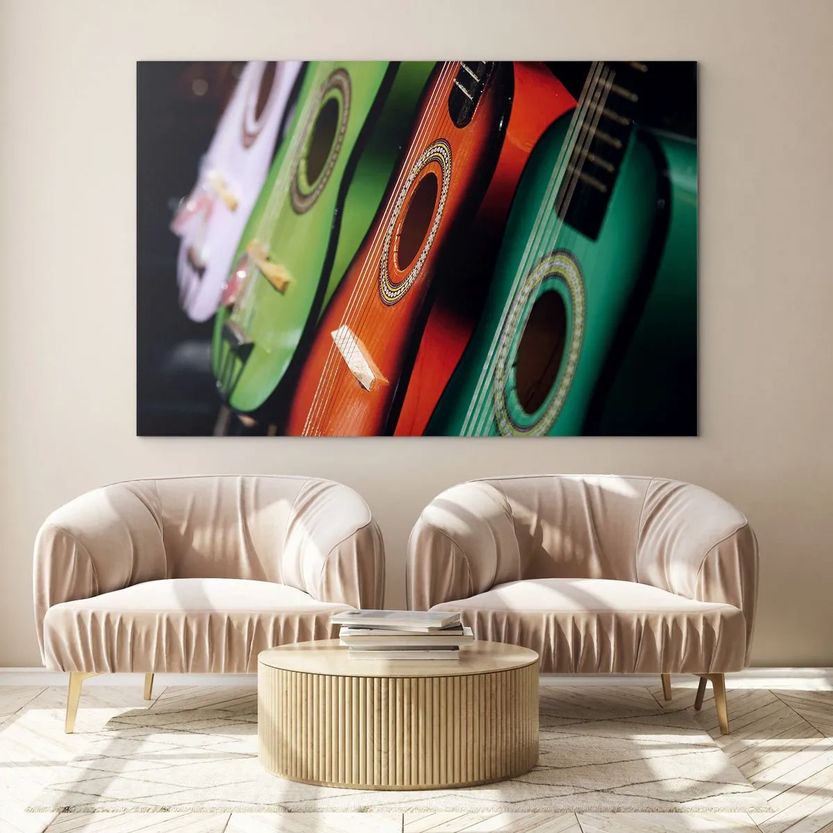 Obraz na skle - Barevné kytary v řadě - 70x50cm - Kytara má hodně barev - Moderní nástěnná dekorace do obývacího pokoje a ložnice ARTTOR