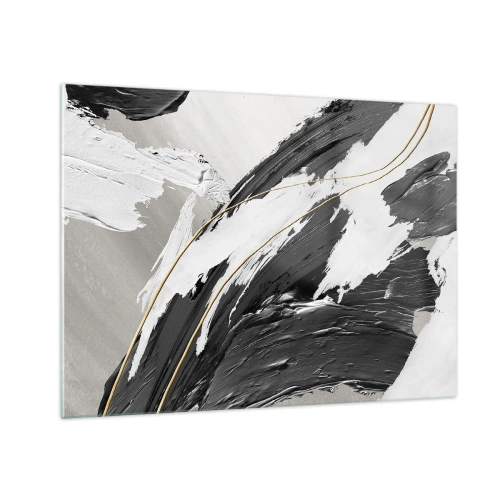 Obraz na skle - Dynamické tahy černé a bílé se zlatým akcentem - 70x50cm - Velkorysá abstrakce - Moderní nástěnná dekorace do obývacího pokoje a ložnice ARTTOR