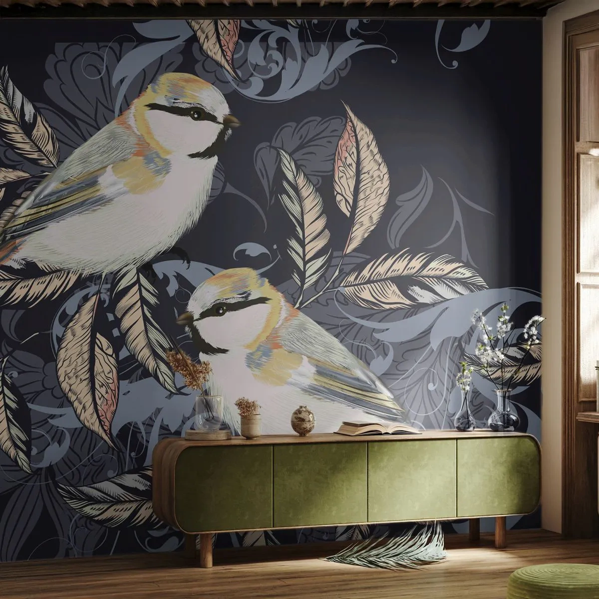 Fototapeta Premium Canvas - Žlutomodrá píseň - Abstrakce, Ptactvo, Listy - 100x70 cm