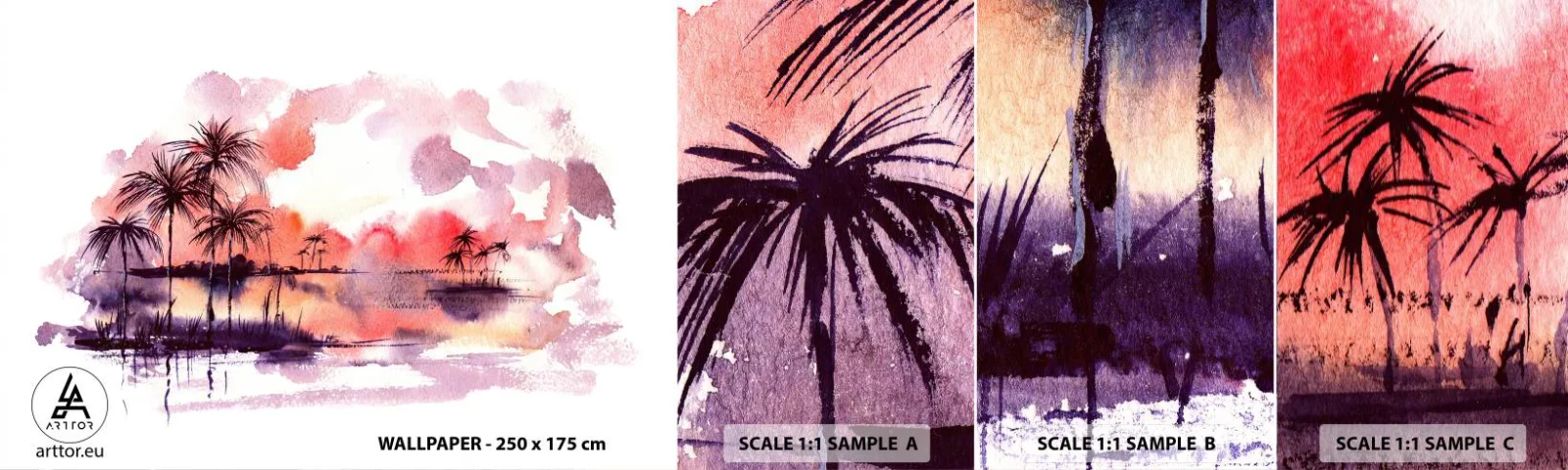 Fototapeta Vzorek Standard Eco - Klid tropů v červené - Krajina, Kokosová palma, Grafika - 100x30 cm