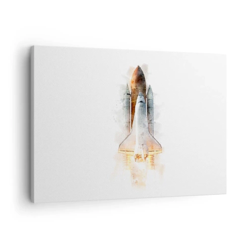 Obraz na plátně - Umělecká akvarelová interpretace vzlétajícího raketoplánu - 70x50cm - Průzkumníci do toho - Moderní nástěnná dekorace do obývacího pokoje a ložnice ARTTOR