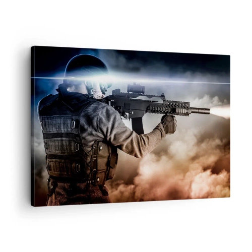 Obraz na plátně - Voják v akci s puškou na pozadí mraků a světla. - 70x50cm - Prostě hrdina - Moderní nástěnná dekorace do obývacího pokoje a ložnice ARTTOR