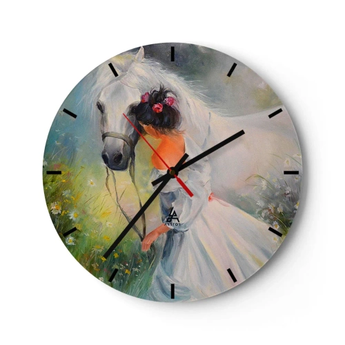 Nástěnné hodiny - Žena v bílých šatech s bílým koněm na louce - 30x30cm - Jako z krásného snu - Moderní nástěnná dekorace do obývacího pokoje, kuchyně a ložnice ARTTOR
