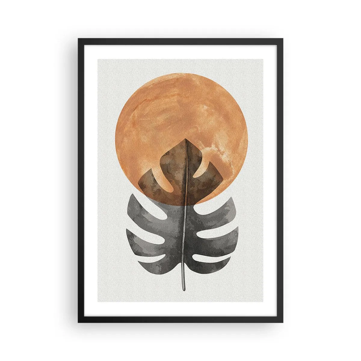 Plakát v černém rámu - List monstery proti teplému oranžovému kruhu - 50x70cm - Vždy slunce - Moderní nástěnná dekorace do obývacího pokoje a ložnice ARTTOR