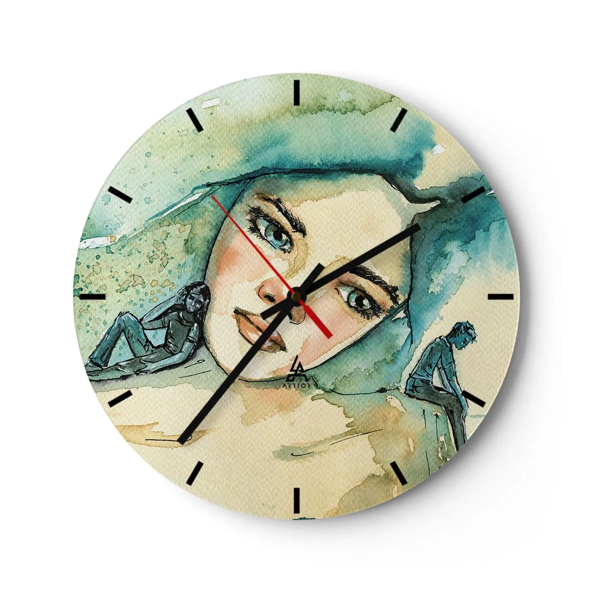 Nástěnné hodiny - Umělecký portrét ženy a siluety v odstínech modré - 30x30cm - Am I blue? - Moderní nástěnná dekorace do obývacího pokoje, kuchyně a ložnice ARTTOR