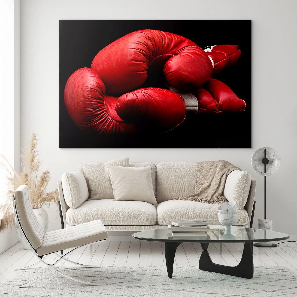 Obraz na skle - Červené boxerské rukavice na černém pozadí - 70x50cm - Emoce války za námi - Moderní nástěnná dekorace do obývacího pokoje a ložnice ARTTOR