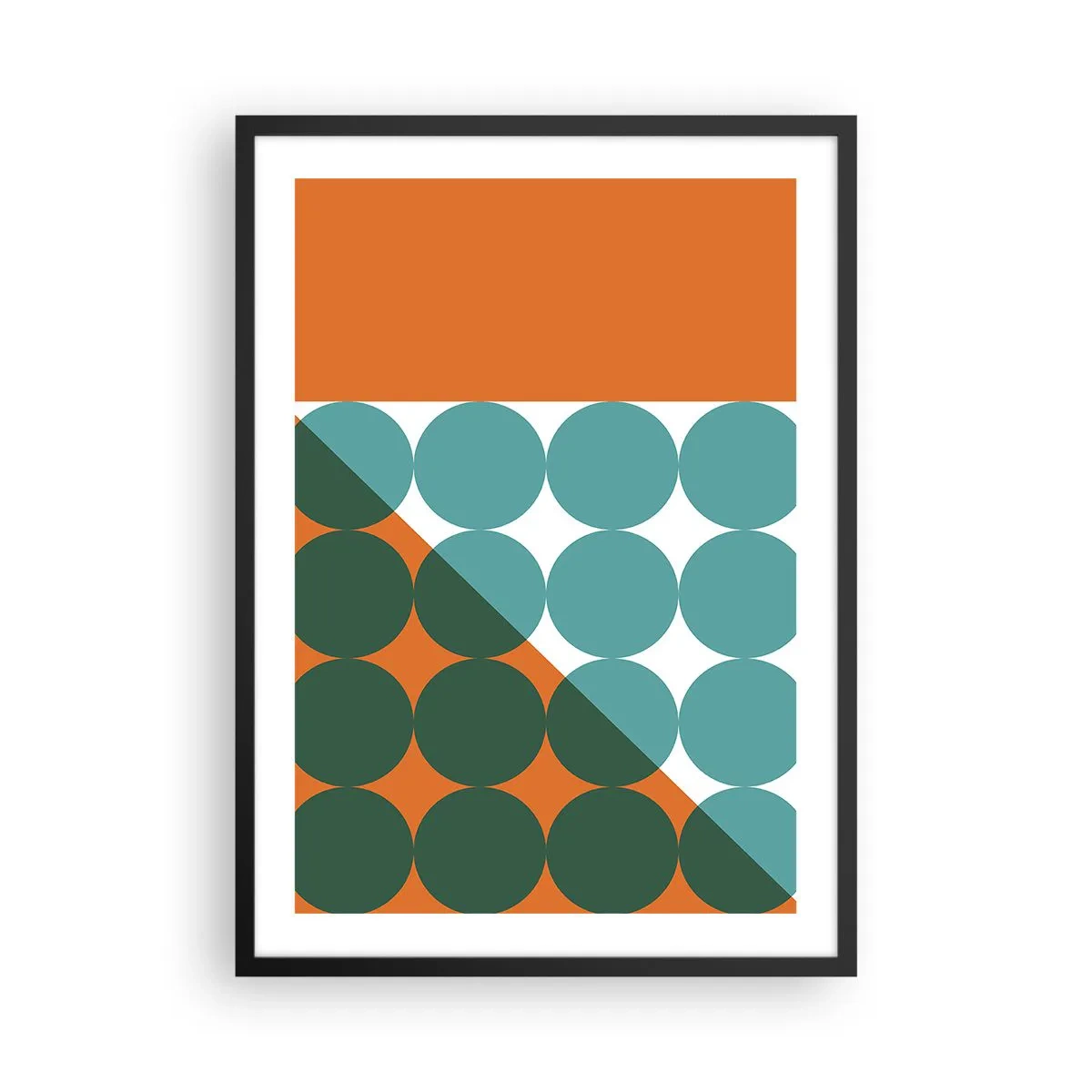 Plakát v černém rámu - Abstraktní geometrická kompozice s kruhy v odstínech oranžové a zelené. - 50x70cm - Nahoru a šikmo - Moderní nástěnná dekorace do obývacího pokoje a ložnice ARTTOR
