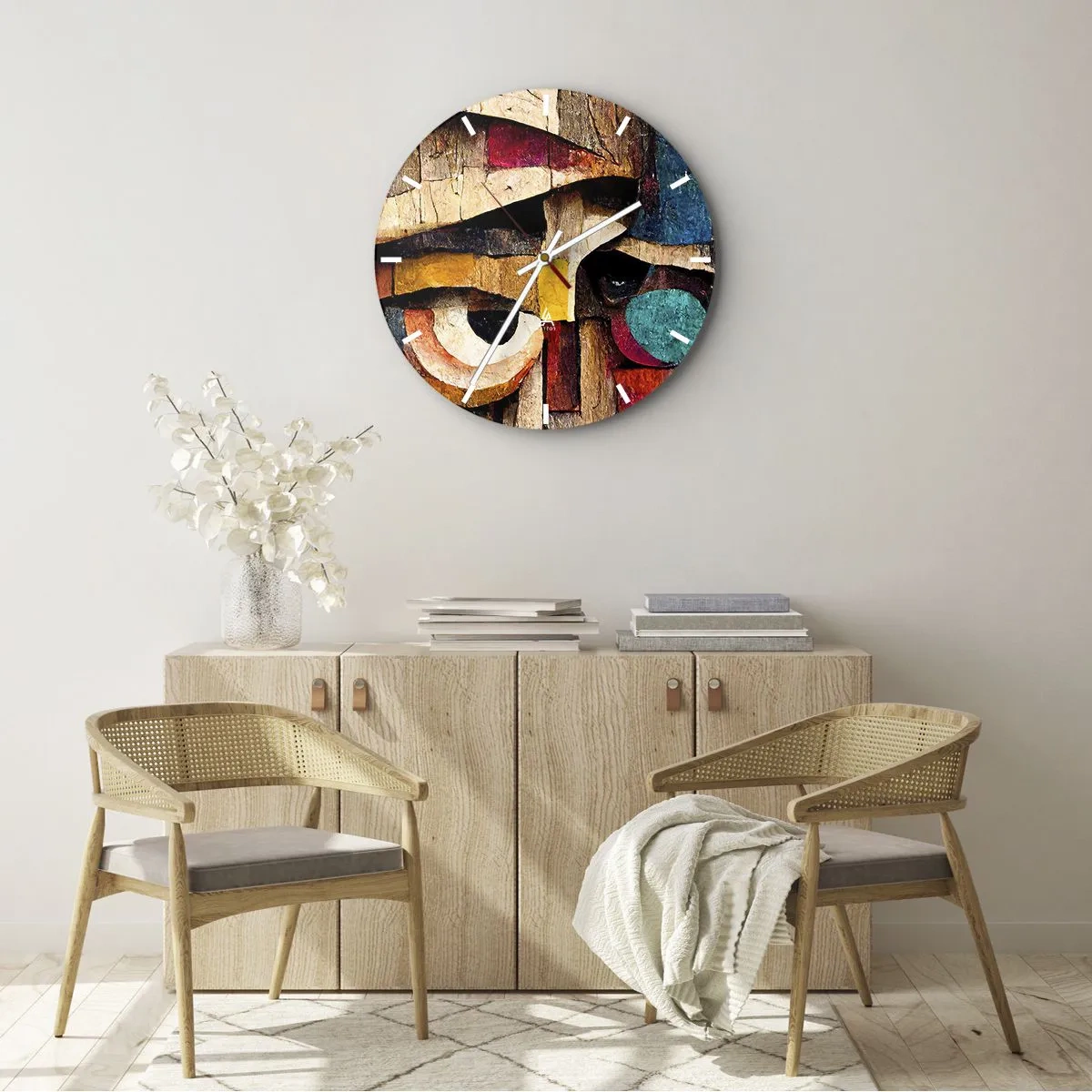 Nástěnné hodiny - Barevný obličej ve stylu dřevěné mozaiky z geometrických tvarů - 30x30cm - Vidím tě… - Moderní nástěnná dekorace do obývacího pokoje, kuchyně a ložnice ARTTOR
