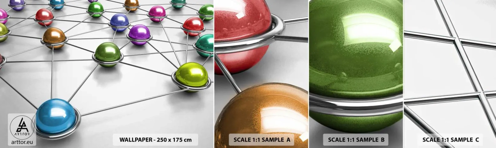 Fototapeta Vzorek Standard Eco - Vesmírná pavučina - Abstrakce, Kovové koule, 3D - 100x30 cm