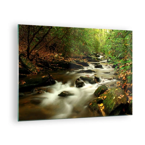 Obraz na skle - Potok v lese obklopený kameny a listím - 70x50cm - Jako tekuté stříbro - Moderní nástěnná dekorace do obývacího pokoje a ložnice ARTTOR