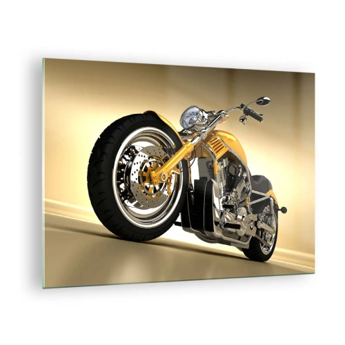 Obraz na skle - Zlatý motocykl na zakázku na světlém pozadí - 70x50cm - Sen o síle a rychlosti - Moderní nástěnná dekorace do obývacího pokoje a ložnice ARTTOR