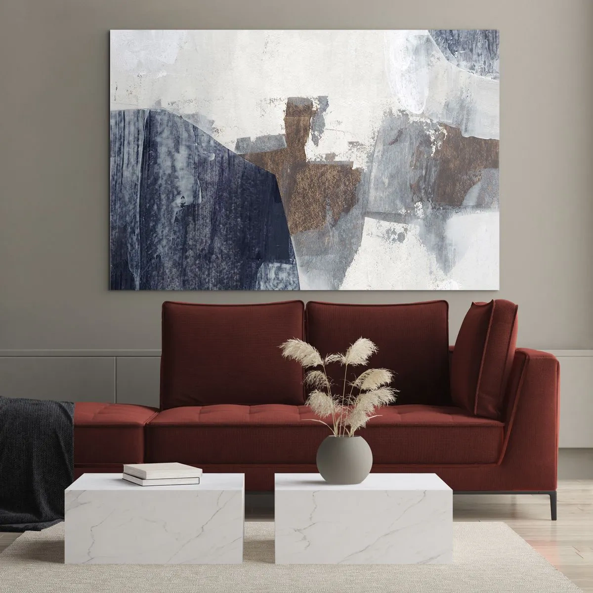 Obraz na skle - Geometrické tvary v modré, hnědé a bílé - 70x50cm - Modro-hnědé tvary - Moderní nástěnná dekorace do obývacího pokoje a ložnice ARTTOR