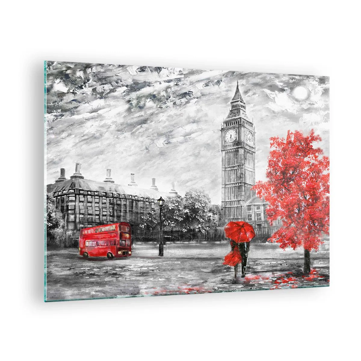 Obraz na skle - Big Ben s červeným autobusem a deštníkem na pozadí podzimních stromů - 70x50cm - Vzrušující den - Moderní nástěnná dekorace do obývacího pokoje a ložnice ARTTOR