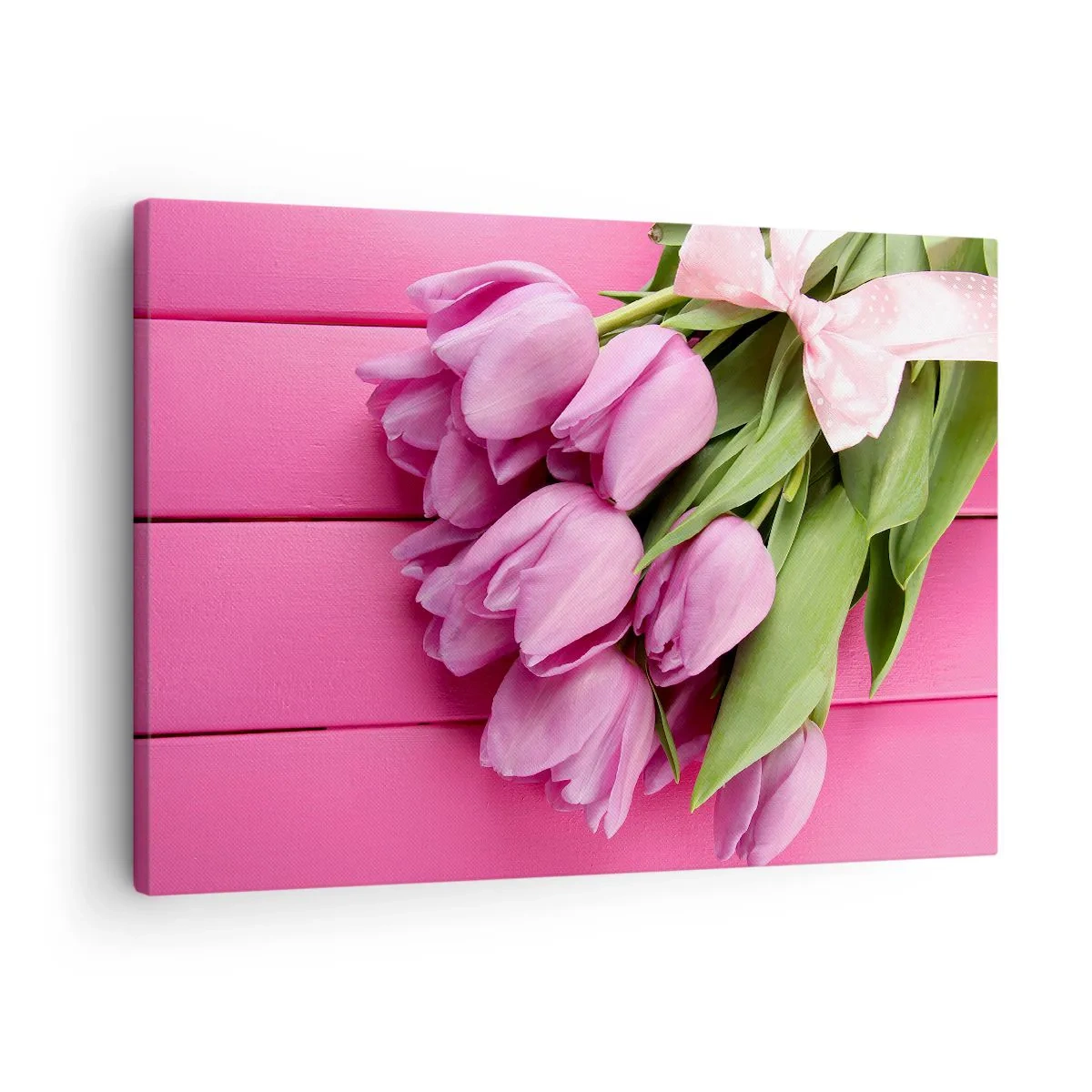 Obraz na plátně - Kytice růžových tulipánů s mašlí na růžovém pozadí - 70x50cm - Právě pro tebe - Moderní nástěnná dekorace do obývacího pokoje a ložnice ARTTOR