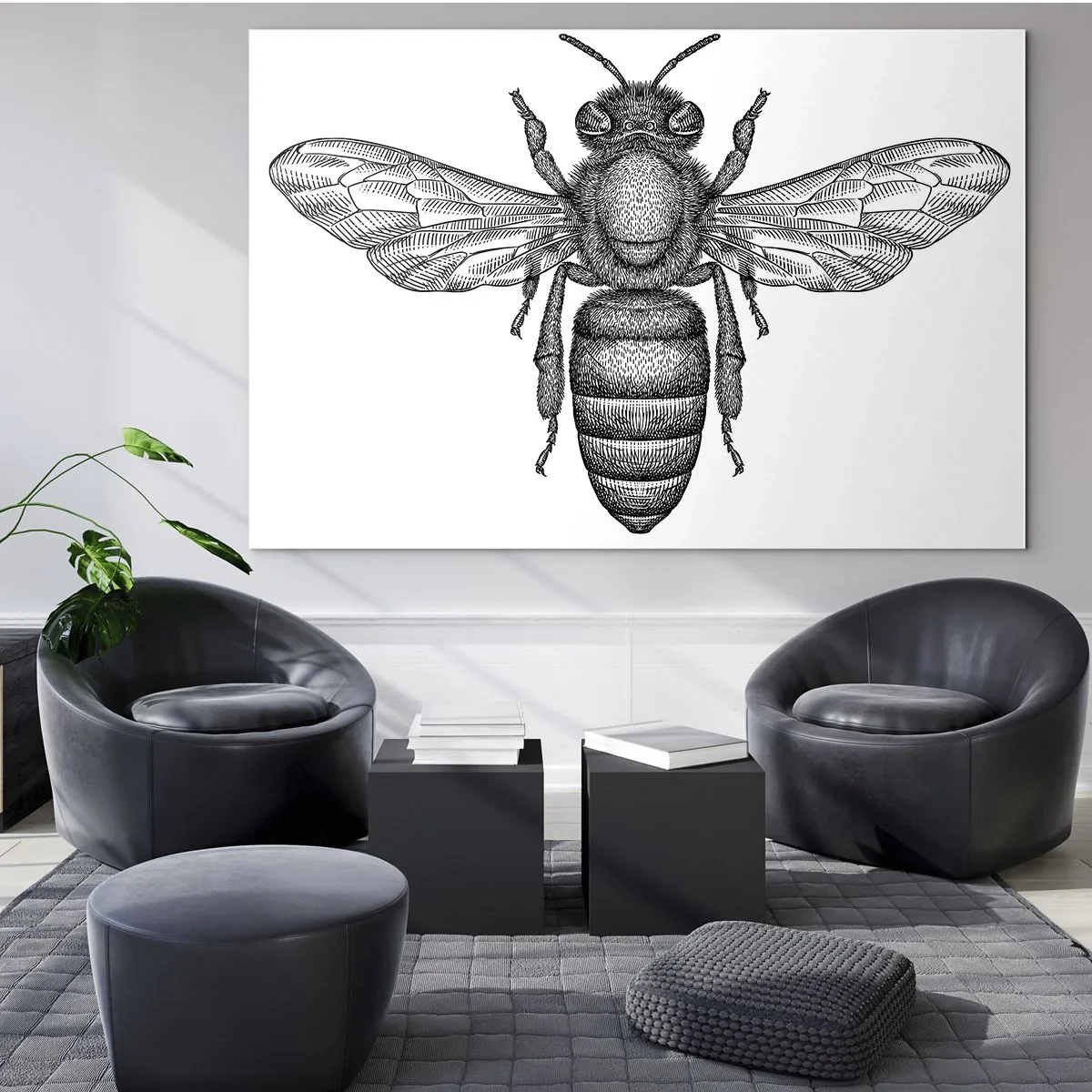 Obraz na skle - Detailní ilustrace retro včely na bílém pozadí - 70x50cm - Hmyzí portrét - Moderní nástěnná dekorace do obývacího pokoje a ložnice ARTTOR