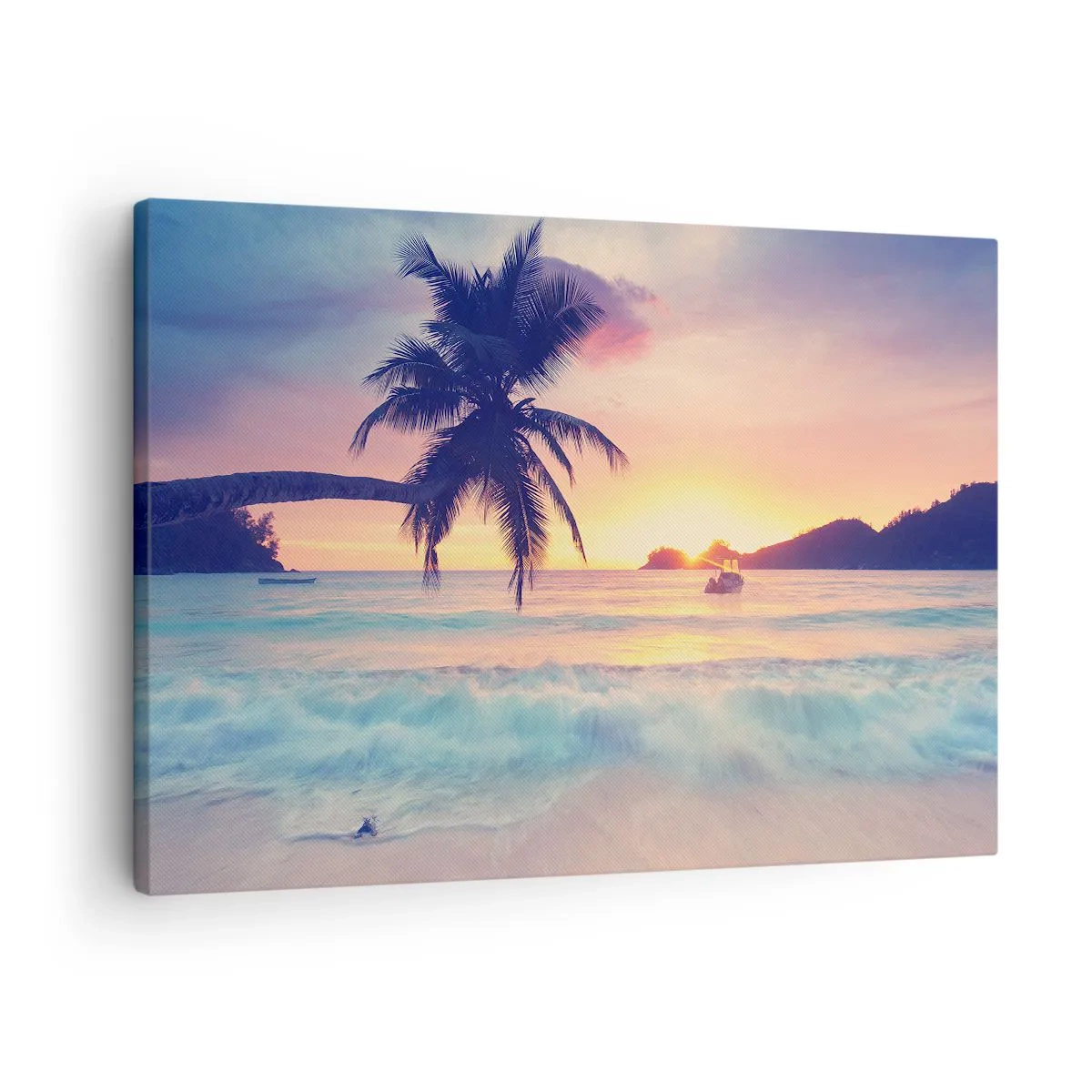 Obraz na plátně - Pláž s palmou a západ slunce nad oceánem - 70x50cm - Večer v zátoce - Moderní nástěnná dekorace do obývacího pokoje a ložnice ARTTOR