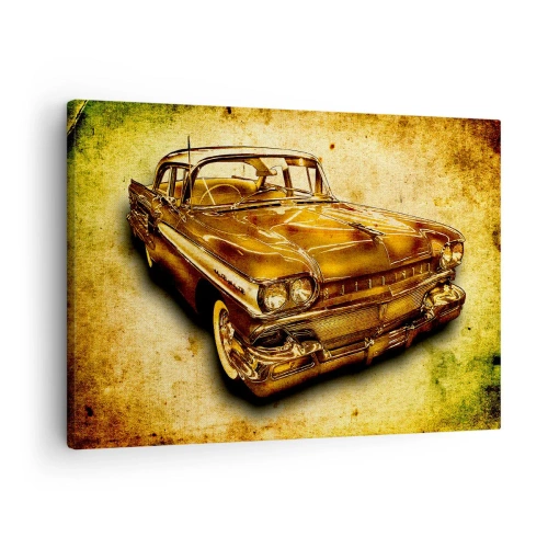 Obraz na plátně - Zlaté klasické retro auto na vintage pozadí se starým efektem. - 70x50cm - Nepomíjívá krása klasiky - Moderní nástěnná dekorace do obývacího pokoje a ložnice ARTTOR