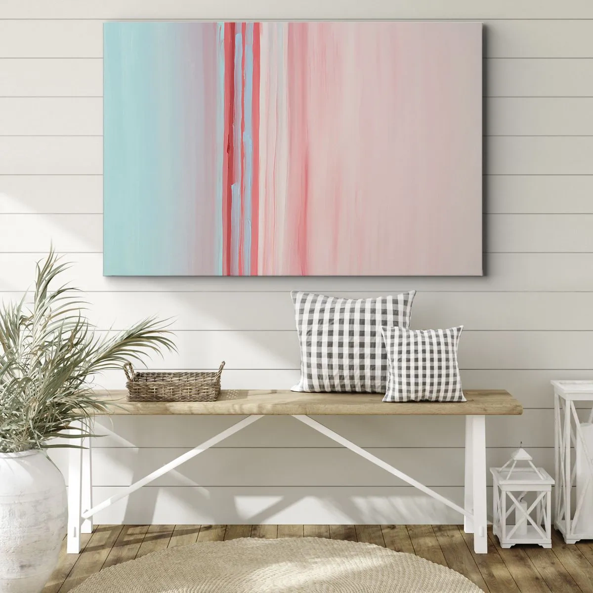 Obraz na plátně - Pastelové linie v odstínech růžové a modré v minimalistické kompozici - 70x50cm - Abstrakce za úsvitu - Moderní nástěnná dekorace do obývacího pokoje a ložnice ARTTOR