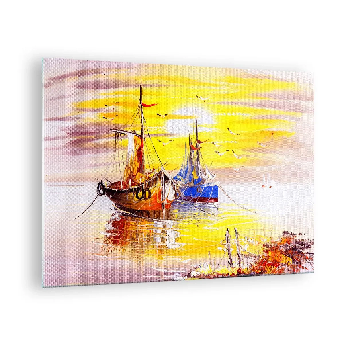 Obraz na skle - Rybářské lodě při západu slunce na klidné vodě - 70x50cm - Zasloužený odpočinek v přístavu - Moderní nástěnná dekorace do obývacího pokoje a ložnice ARTTOR