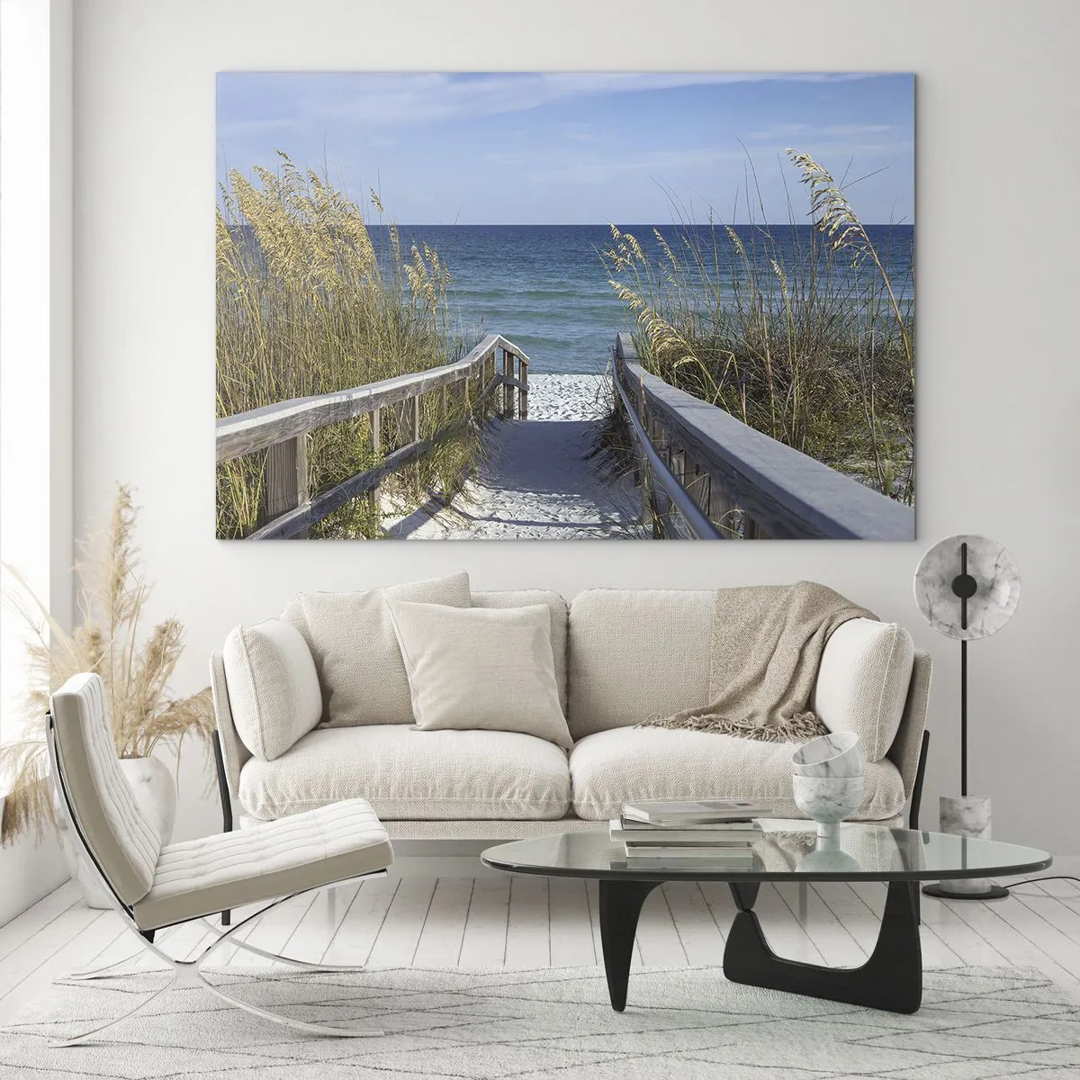 Obraz na skle - Cesta k pláži s výhledem na moře - 70x50cm - Na slunci, ve větru - Moderní nástěnná dekorace do obývacího pokoje a ložnice ARTTOR