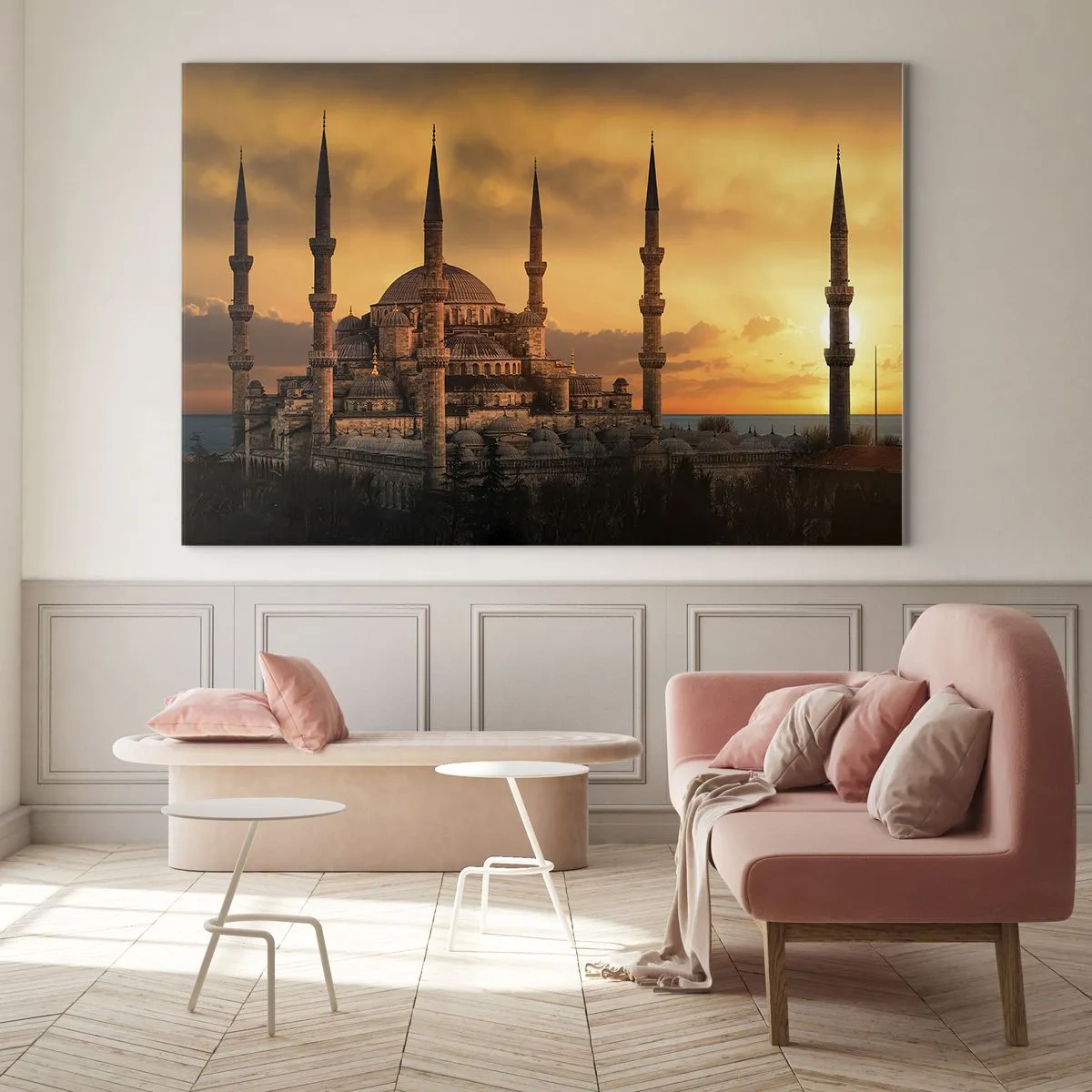 Obraz na skle - Modrá mešita na pozadí západu slunce - 70x50cm - Bůh je velký - Moderní nástěnná dekorace do obývacího pokoje a ložnice ARTTOR