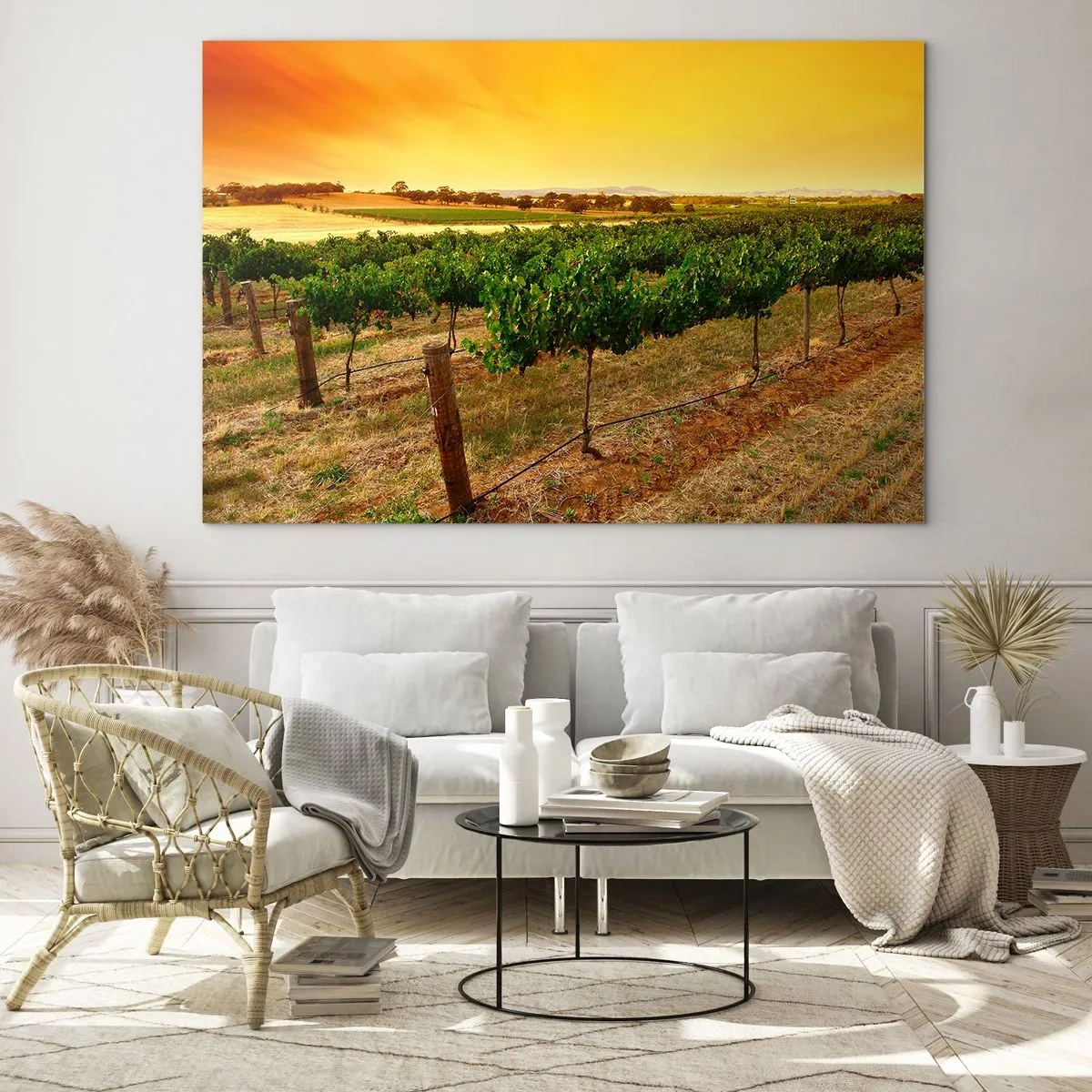 Obraz na skle - Vinná réva v teplém světle zapadajícího slunce - 70x50cm - Napít se slunce - Moderní nástěnná dekorace do obývacího pokoje a ložnice ARTTOR