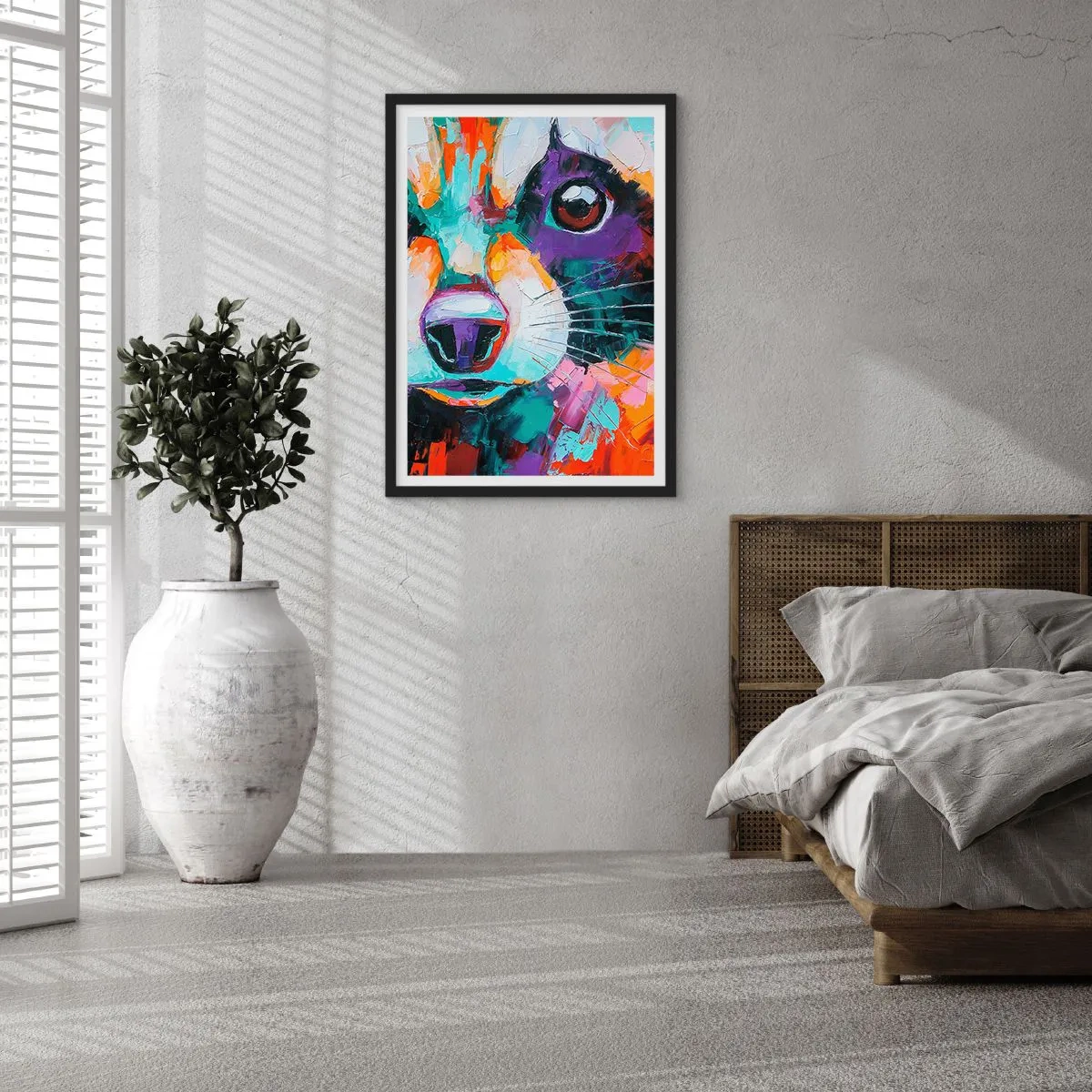 Plakát v černém rámu - Barevný abstraktní portrét zvířete s výrazným okem - 50x70cm - Pouze dobré emoce - Moderní nástěnná dekorace do obývacího pokoje a ložnice ARTTOR