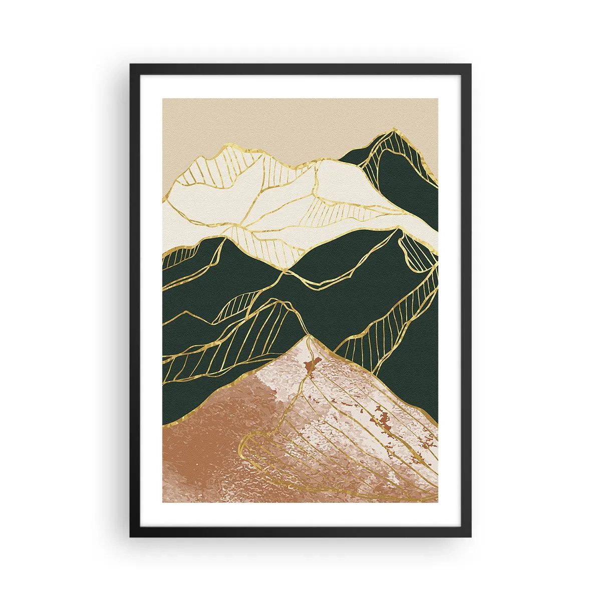 Plakát v černém rámu - Abstraktní zlaté čáry vytvářející horskou krajinu - 50x70cm - Zlaté vrcholy - Moderní nástěnná dekorace do obývacího pokoje a ložnice ARTTOR