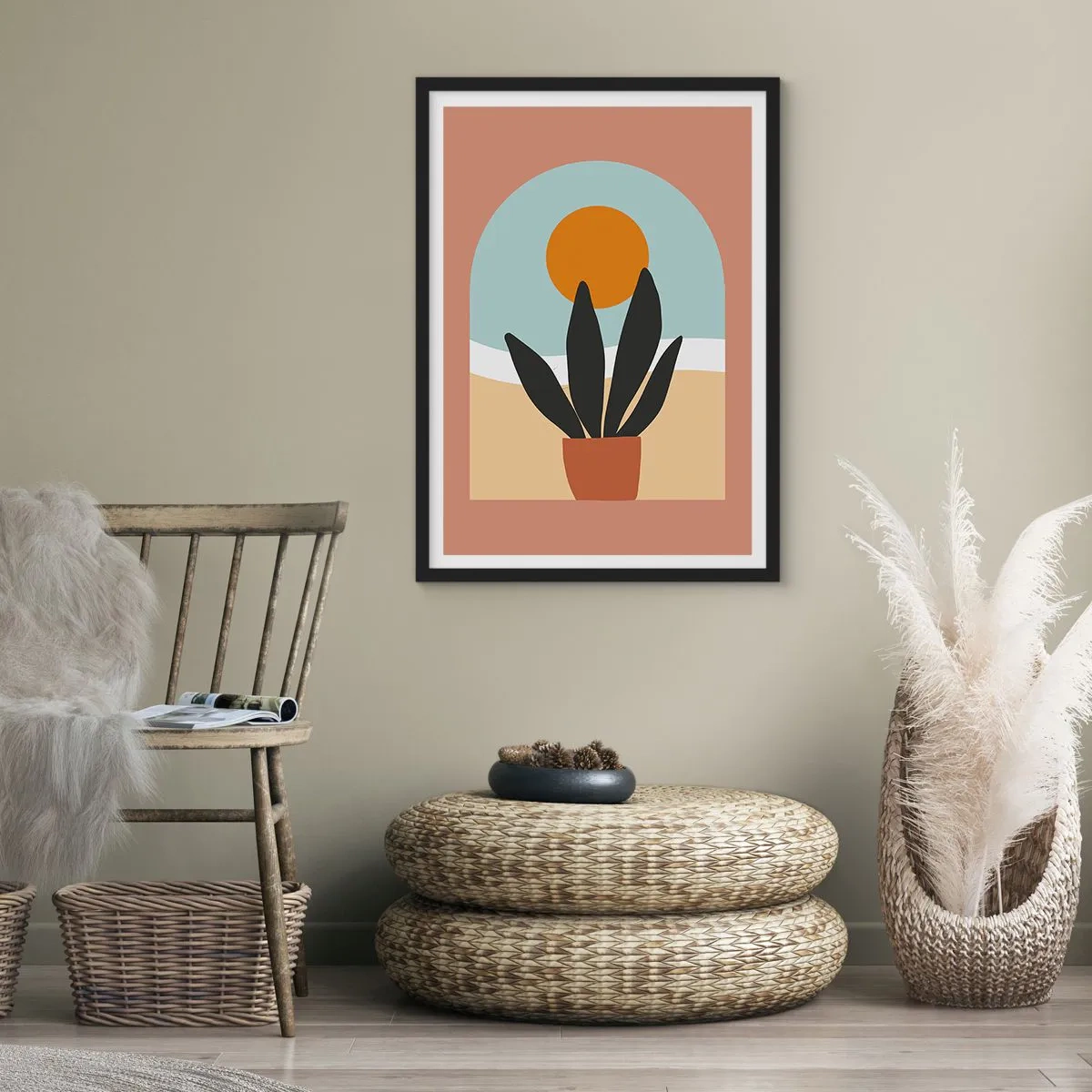 Plakát v černém rámu - Hrnková rostlina před obloukem se západem slunce v pozadí - 50x70cm - Malé radosti - Moderní nástěnná dekorace do obývacího pokoje a ložnice ARTTOR