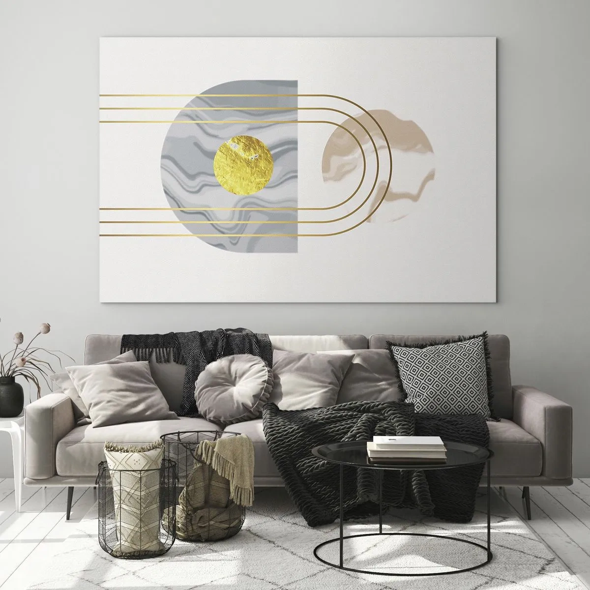 Obraz na skle - Abstraktní malba ve zlaté a šedé barvě - 70x50cm - Jas a zářivost - Moderní nástěnná dekorace do obývacího pokoje a ložnice ARTTOR