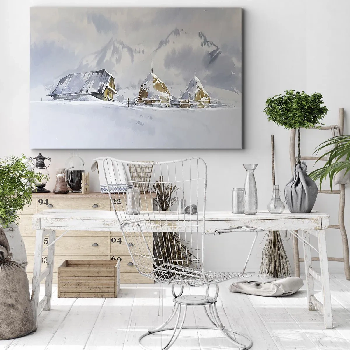 Obraz na plátně - Zimní krajina s chatou a kupkami sena v horách - 70x50cm - V zasněženém údolí - Moderní nástěnná dekorace do obývacího pokoje a ložnice ARTTOR