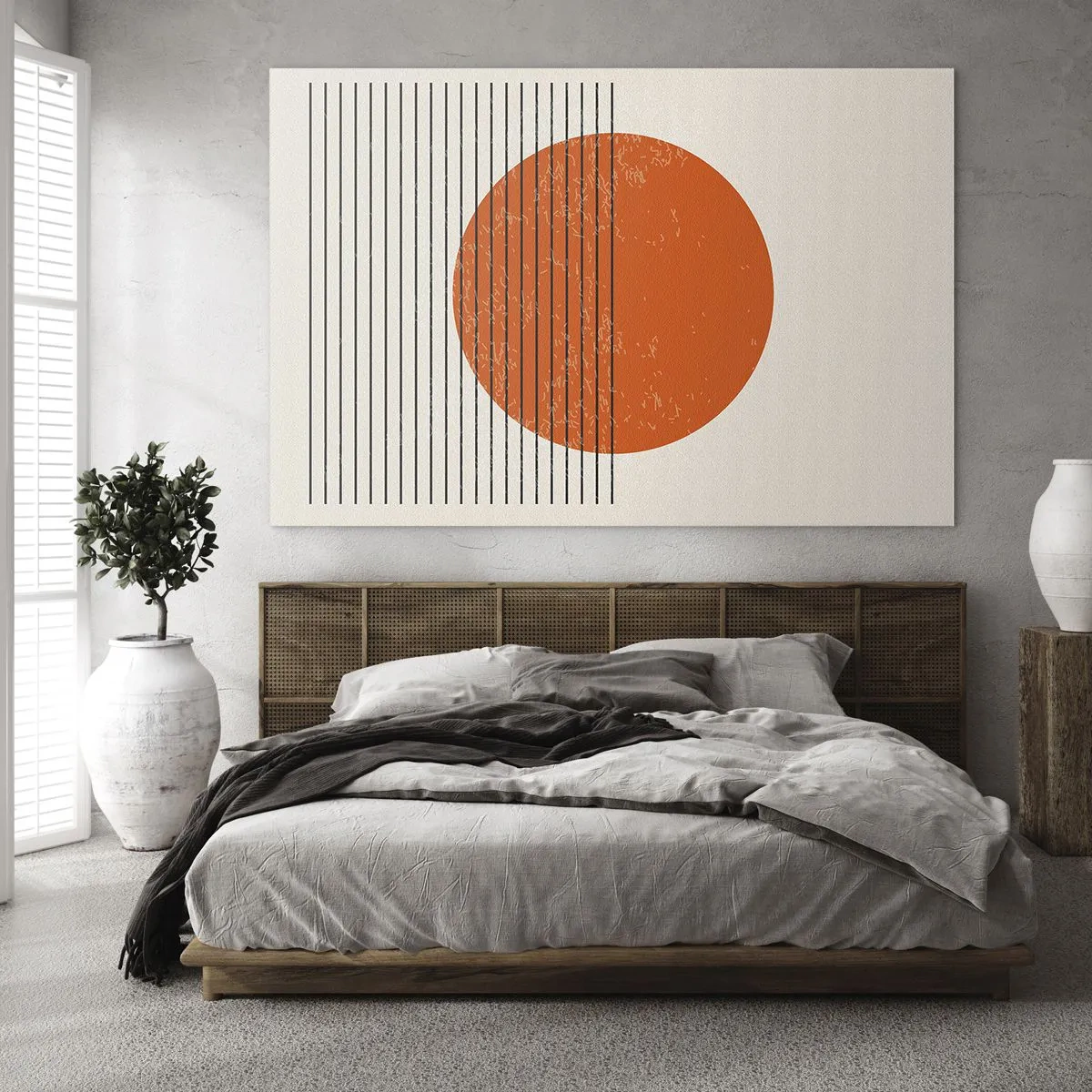 Obraz na skle - Geometrická kompozice s oranžovým kruhem a čarami - 70x50cm - Vždy slunce - Moderní nástěnná dekorace do obývacího pokoje a ložnice ARTTOR