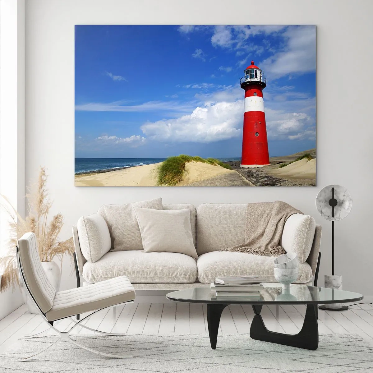 Obraz na skle - Červený maják proti modré obloze - 70x50cm - Vysněná samota - Moderní nástěnná dekorace do obývacího pokoje a ložnice ARTTOR