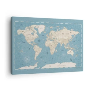 Obraz na plátně - Dekorativní mapa světa v odstínech modré a béžové - 70x50cm - Svět na dosah ruky - Moderní nástěnná dekorace do obývacího pokoje a ložnice ARTTOR