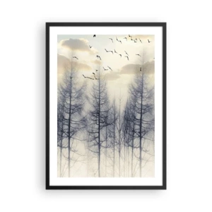 Plakát v černém rámu - Mlžný les s vysokými stromy a létajícími ptáky ráno - 50x70cm - Duchové lesa - Moderní nástěnná dekorace do obývacího pokoje a ložnice ARTTOR
