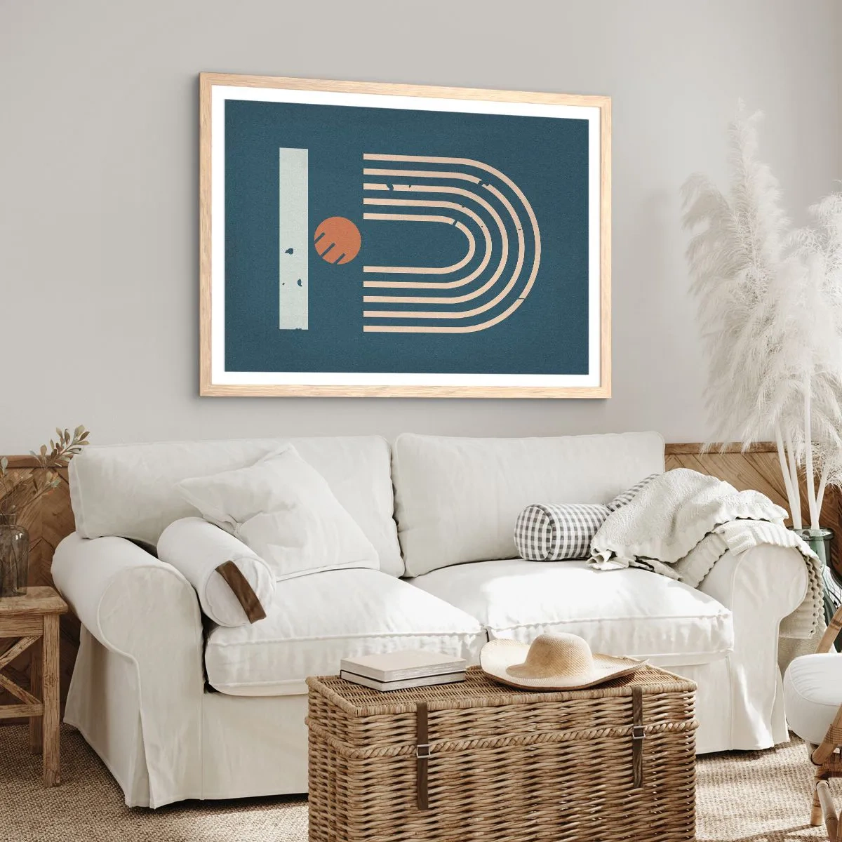 Plakát v rámu světlý dub - Geometrie v námořnické modři - 100x70 cm