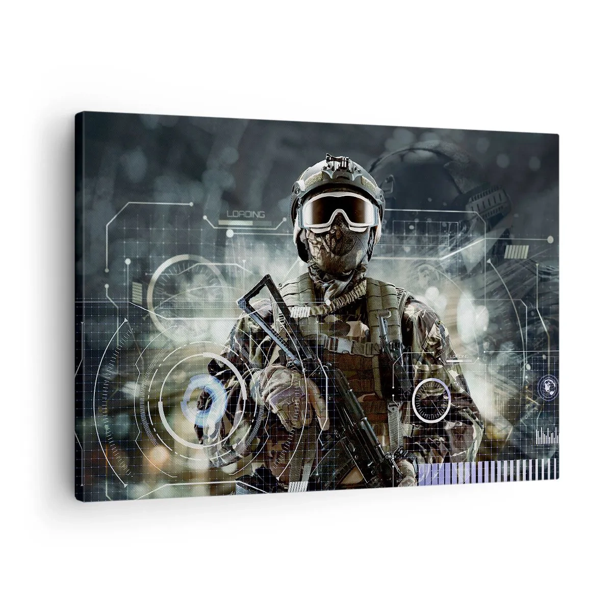 Obraz na plátně - Voják ve futuristické helmě s pistolí na pozadí technologií. - 70x50cm - Ještě větší síla - Moderní nástěnná dekorace do obývacího pokoje a ložnice ARTTOR
