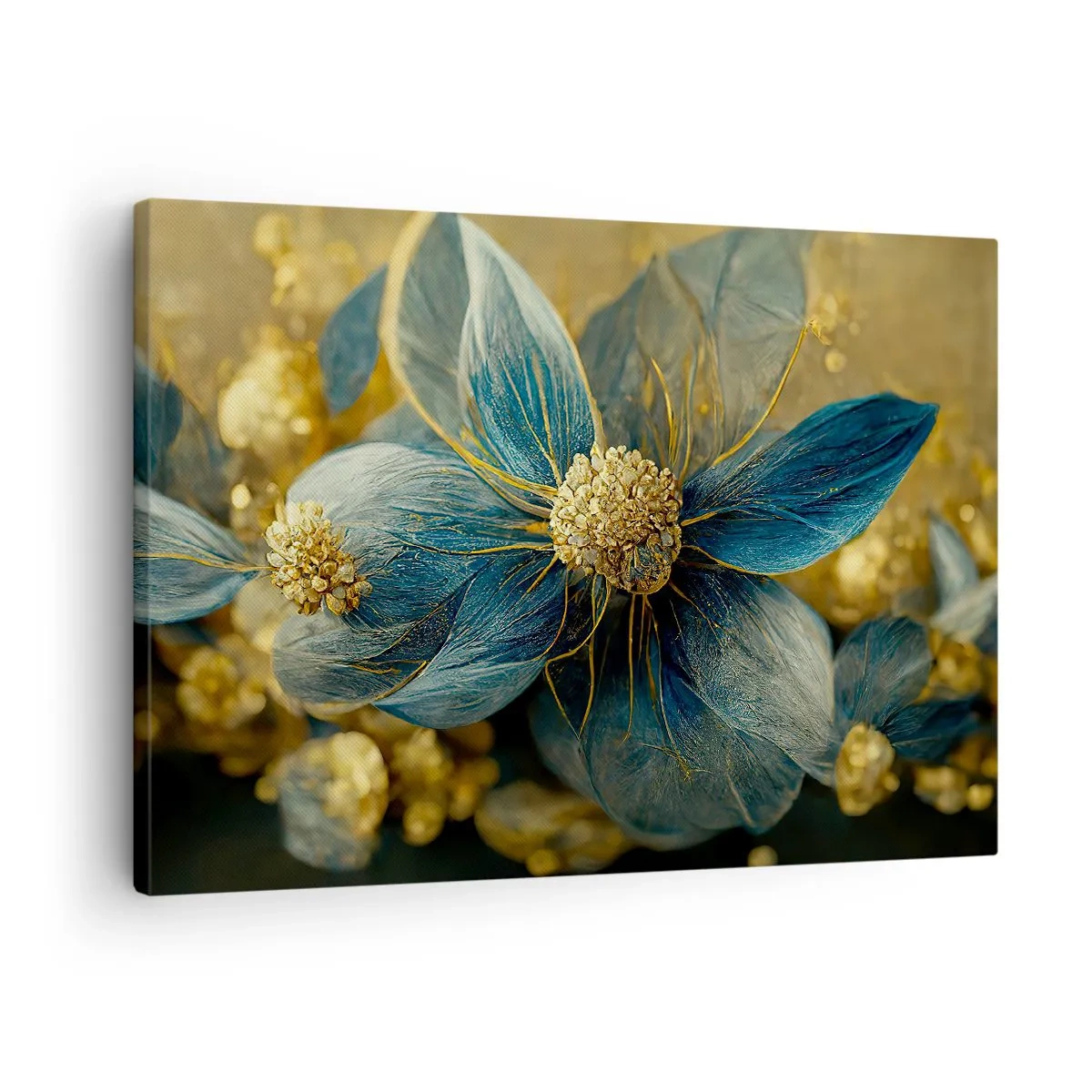 Obraz na plátně - Elegantní květiny v odstínech modré a zlaté - 70x50cm - Rozkvést zlatem - Moderní nástěnná dekorace do obývacího pokoje a ložnice ARTTOR