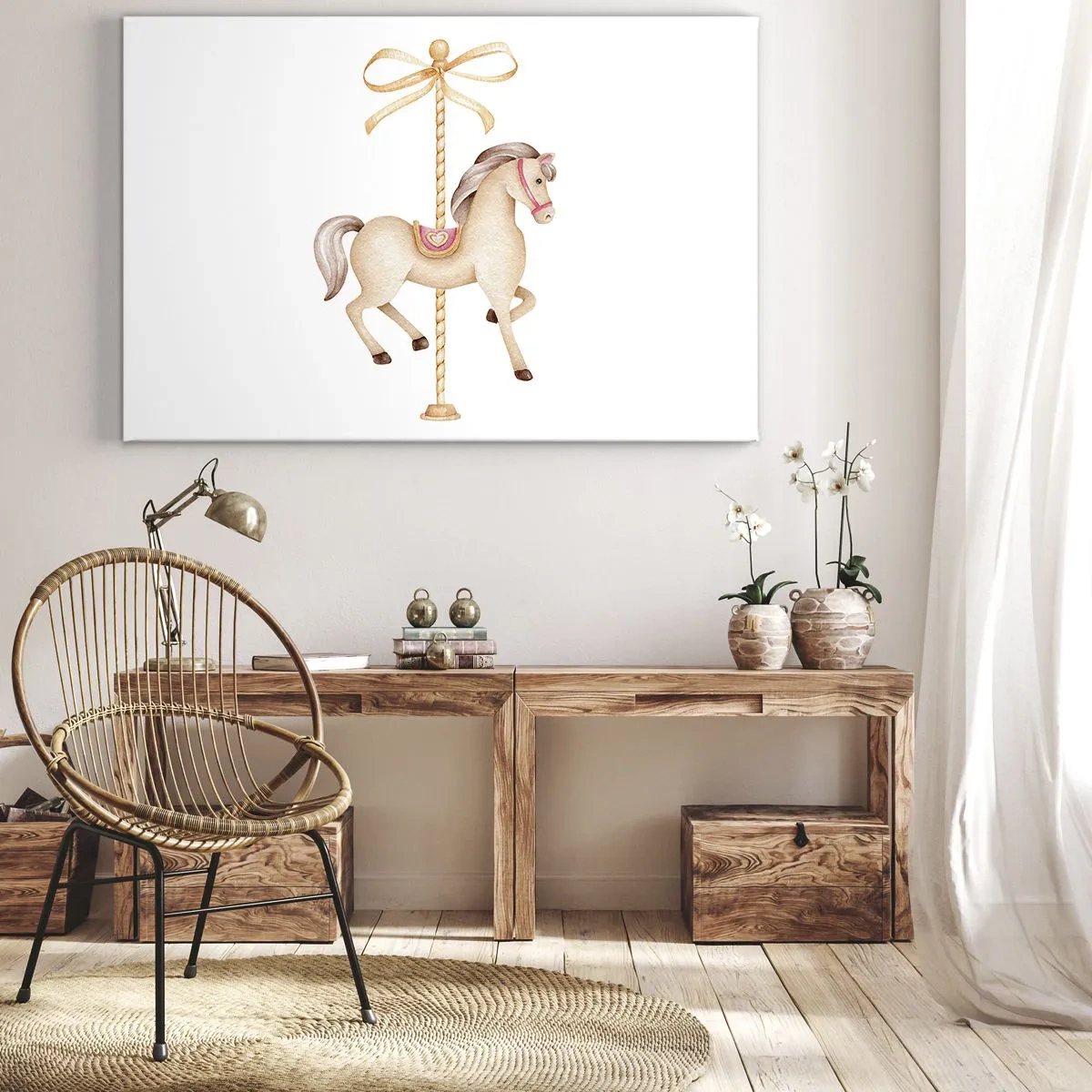 Obraz na plátně - Kolotočový kůň s mašlí v jemných pastelových barvách - 70x50cm - Elegantním klusem - Moderní nástěnná dekorace do obývacího pokoje a ložnice ARTTOR