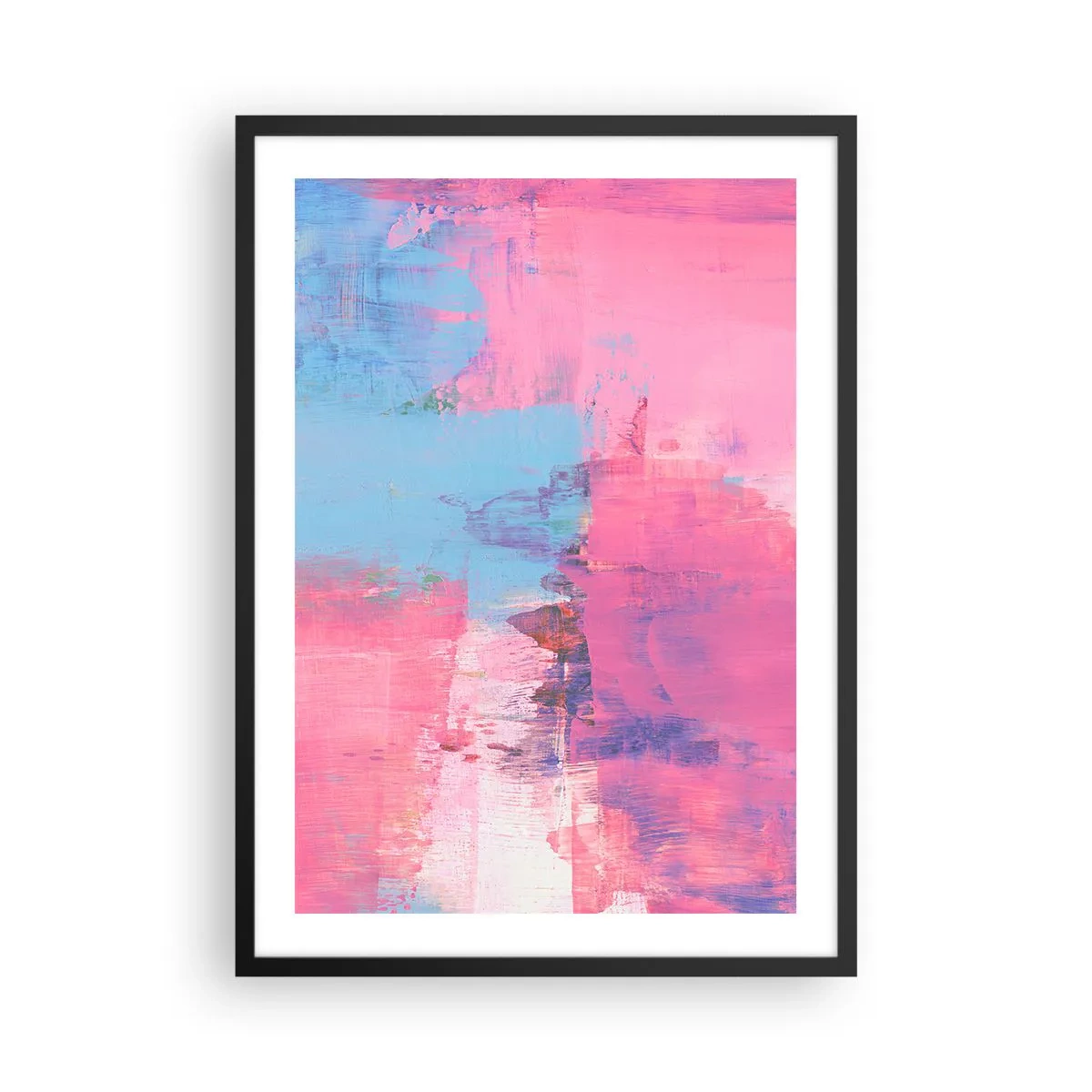 Plakát v černém rámu - Abstraktní kompozice v odstínech růžové a modré - 50x70cm - Růžová, modrá a špetka světla - Moderní nástěnná dekorace do obývacího pokoje a ložnice ARTTOR