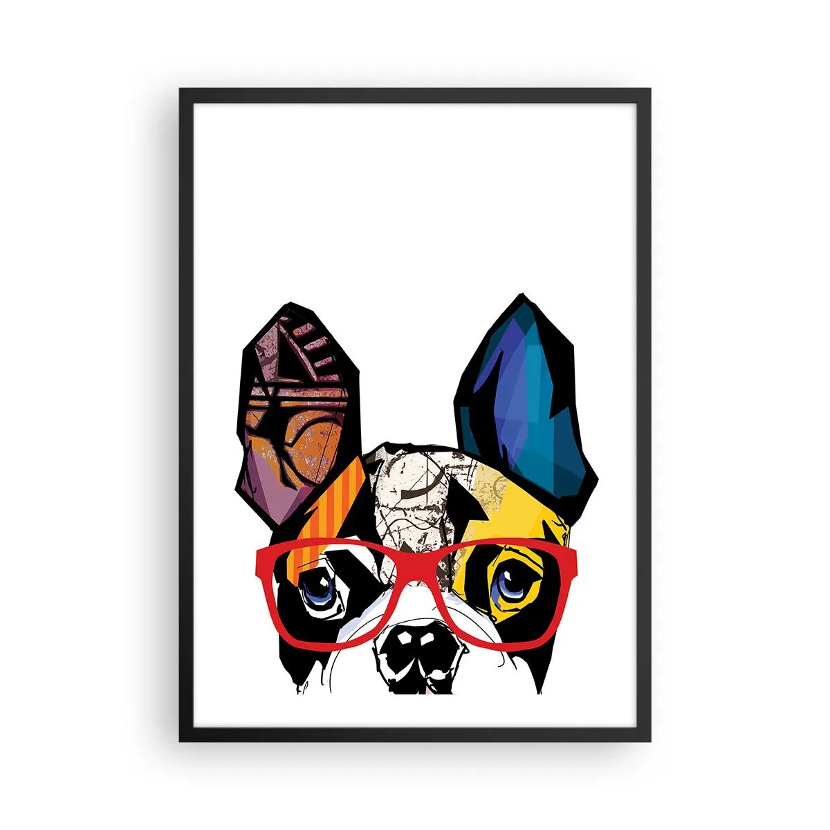 Plakát v černém rámu - Barevný portrét psa s brýlemi - 50x70cm - Intelektuál - Moderní nástěnná dekorace do obývacího pokoje a ložnice ARTTOR
