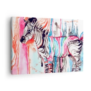 Obraz na plátně - Barevná zebra na pozadí abstraktních akvarelových vzorů - 70x50cm - Bezstarostný vtip přírody - Moderní nástěnná dekorace do obývacího pokoje a ložnice ARTTOR