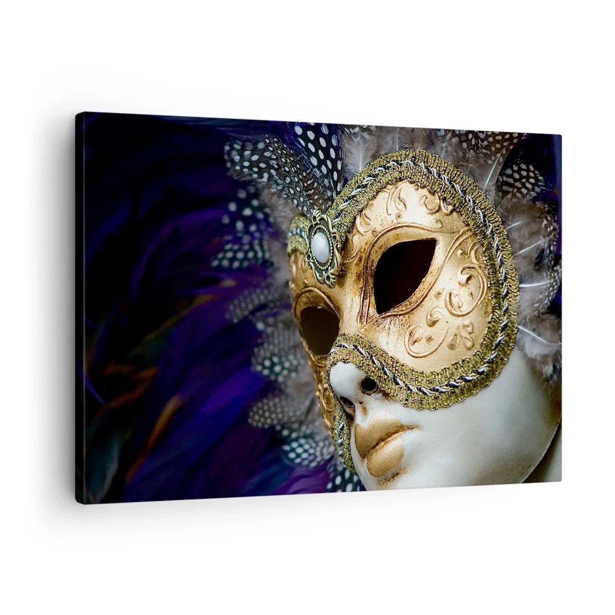 Obraz na plátně - Zlatá benátská maska s ozdobným peřím a ornamenty - 70x50cm - Benátský portrét ve zlatě - Moderní nástěnná dekorace do obývacího pokoje a ložnice ARTTOR