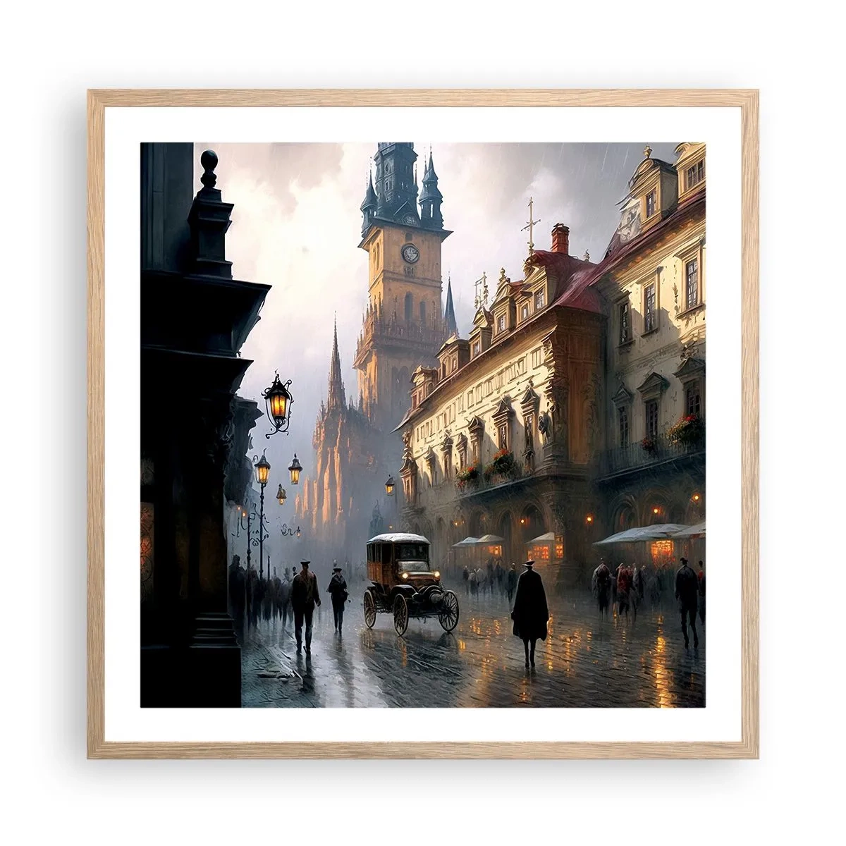 Plakát v rámu světlý dub - Kouzlo pražského večera - 60x60 cm