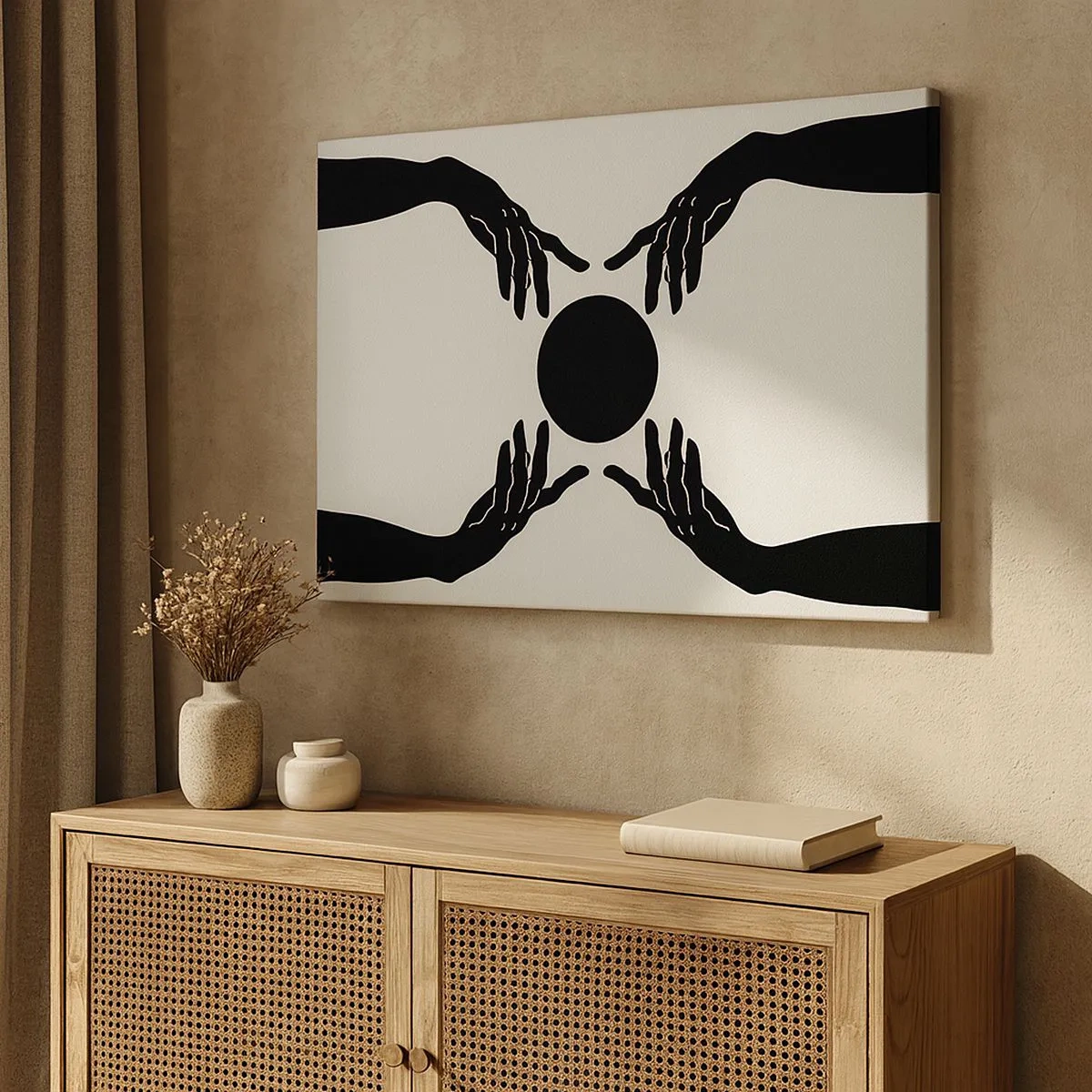 Obraz na plátně - Černé ruce v symetrické kompozici s míčem - 70x50cm - Tajné znamení - Moderní nástěnná dekorace do obývacího pokoje a ložnice ARTTOR